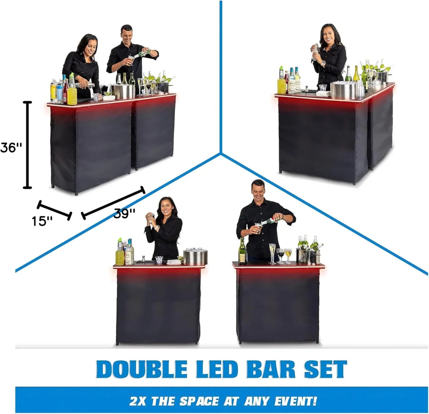 Gobar Portable Double Bar Table Set With Multi-Color Led Lights - Mobile Bartender Station For Events - Includes Carrying Case