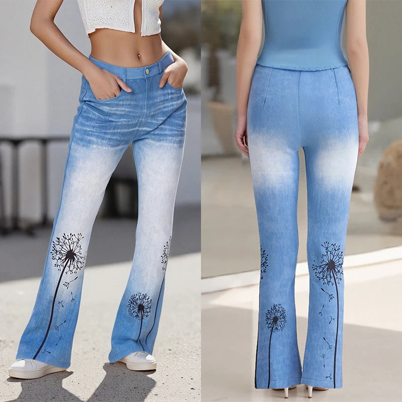 Puloru Stylish Floral Print Blue Flared Pants with Pockets Women's Mid-Rise Casual Slim Fit Bell-Bottoms Long Trousers Plus Size