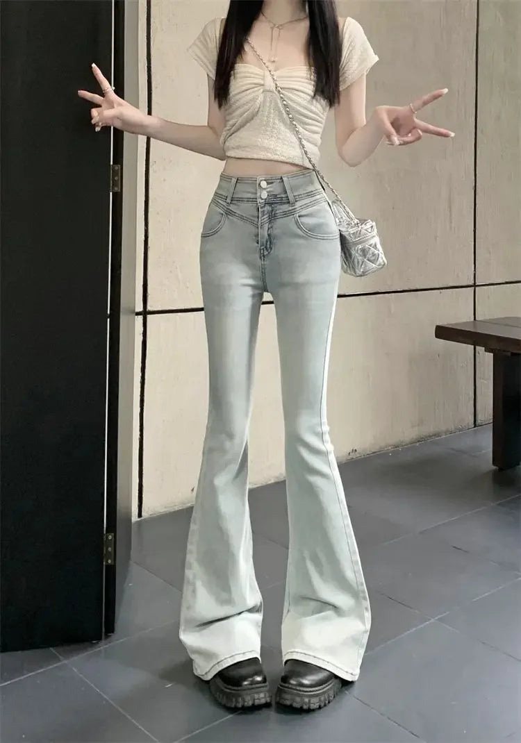 Spring Autumn Spicy Girl Bow Micro Flared Jeans Women's Petite High Waisted Slimming Elastic Horse Leggings Straight Leg Trouser