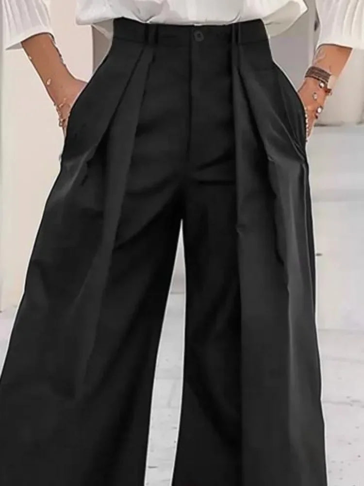UOOZEE 2025 New Female Stylish Floral Printed Pleated Pants Loose Urban Office Elastic High Waisted Wide Leg Trousers Bottoms