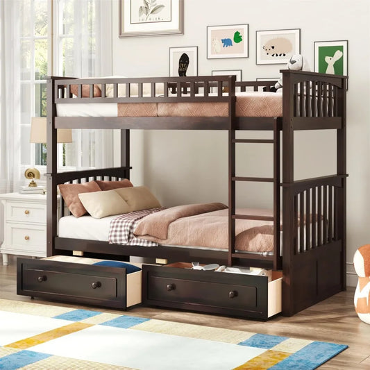 Twin Over Twin Bunk Bed with 2 Storage Drawers and Ladder, Can be Devided into 2 Beds, No Spring Box Needed, Children Beds