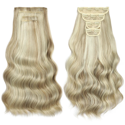 4PCS Clip in Hair Extensions Synthetic 22Inch Long Spiral Wavy Curl Natural Thick Hairpieces for Women Light Brown