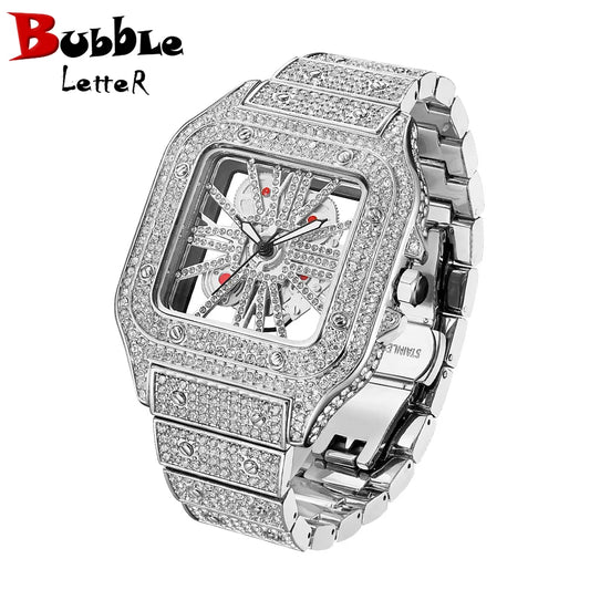 Bubble Letter SKELETON RED DIAL VVS Man ICED OUT DESIGNER WATCH Relogio Masculio