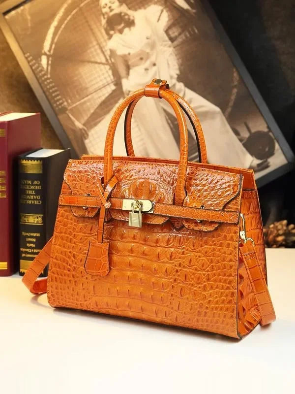 2024 New European American Style Handbag Large Airy Bag Crocodile Pattern Large Bag Middle-aged Mother Hard Leather Women's