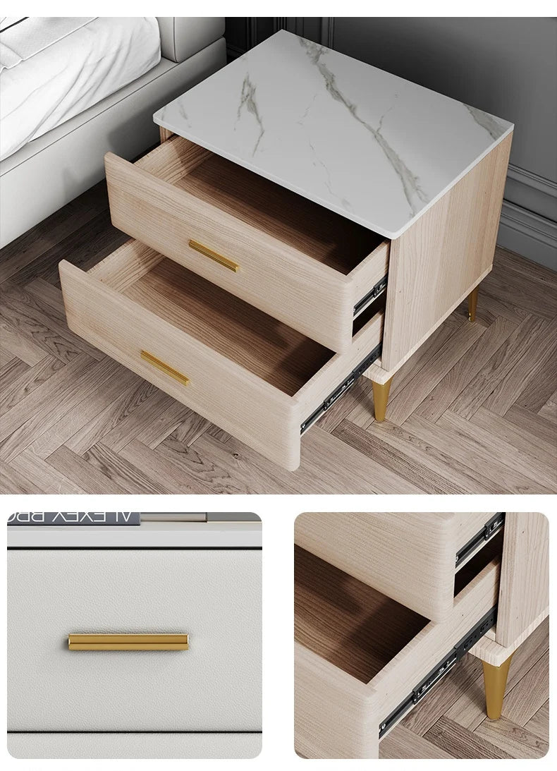 Modern Style Solid Wood Bedside Table with 2 Drawers Leather Bedroom Nightstands with Sintered Stone Top Mini Storage Cabinet