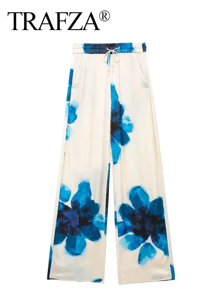 TRAFZA Women Fashion Floral Print Wide Leg Pants Loose Casual High Waist Drawstring Trousers Elegant Woman High Street Pant