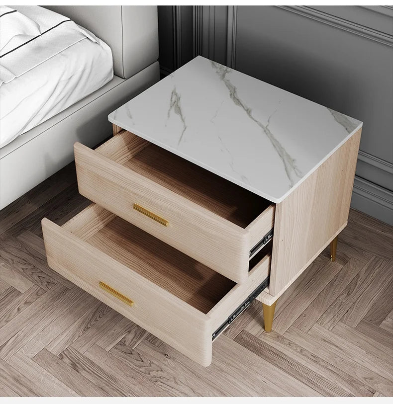 Modern Style Solid Wood Bedside Table with 2 Drawers Leather Bedroom Nightstands with Sintered Stone Top Mini Storage Cabinet