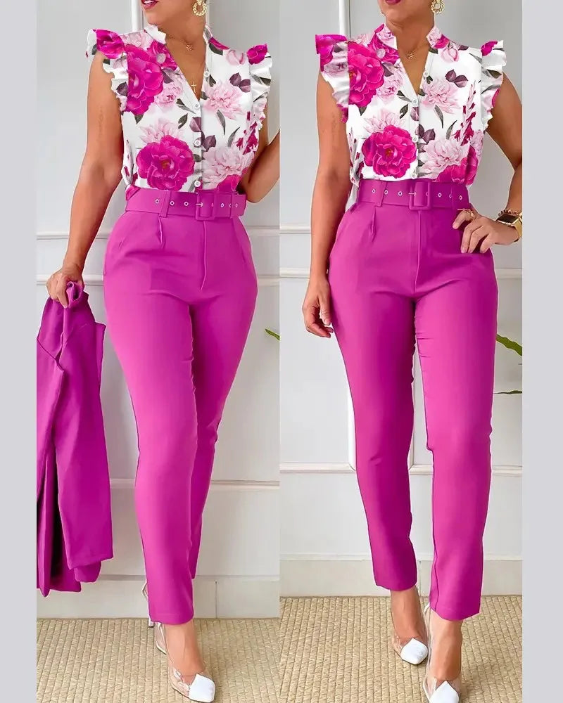 Women Shirt Trousers Set Elegant Women's Office Wear Set with V Neck Top High Waist Pants Belt Chic Color Matching Slim for Work