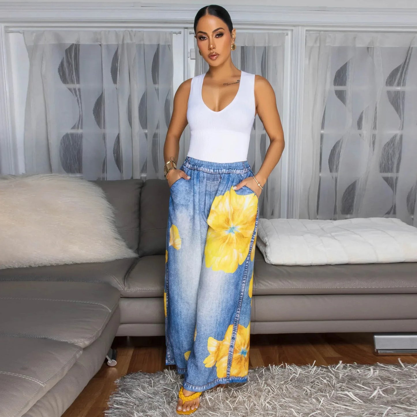 Casual Printed Wide Leg Pants Women's Loose Fit Trousers Comfortable Fashionable Female Clothing Long Pants from Mainland China