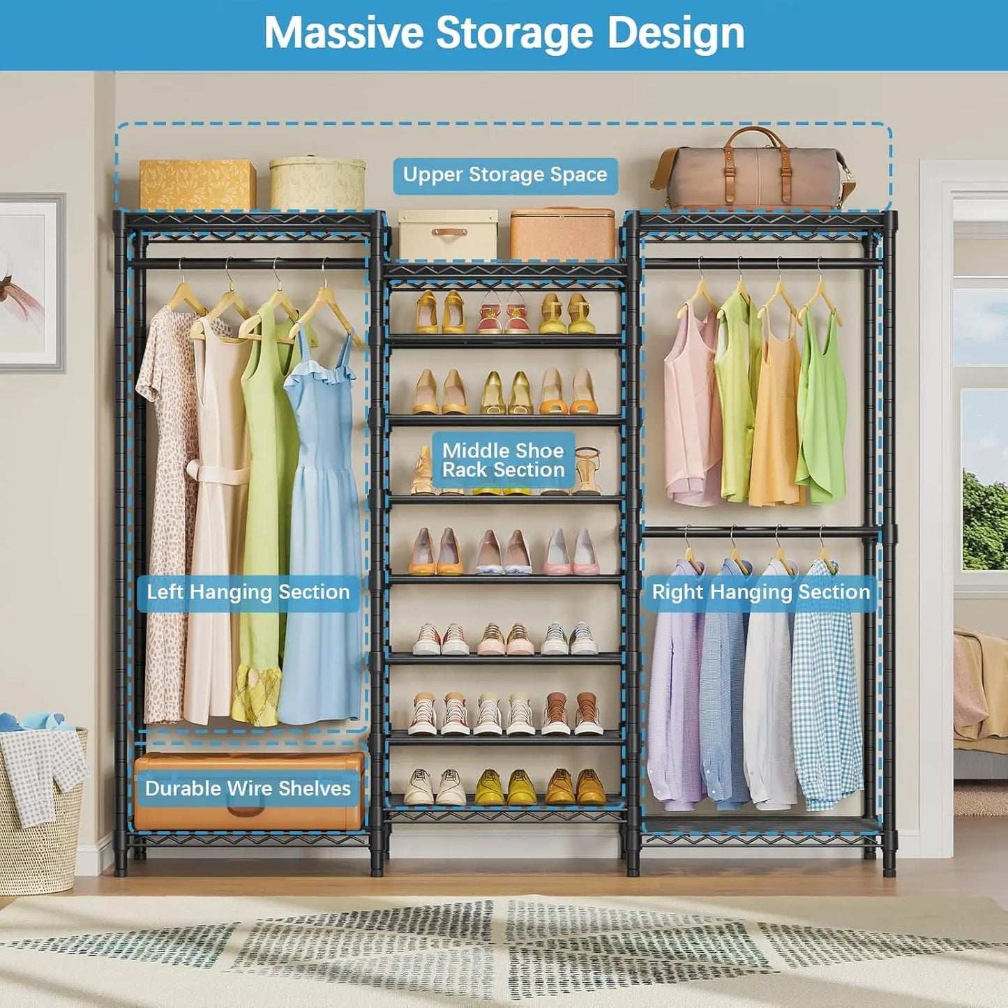 Heavy Duty Garment Rack Freestanding Clothes Rack Closet Storage Organizer Large Wardrobe with 6-Tier Shoe Rack, Hanging Rod, Ad