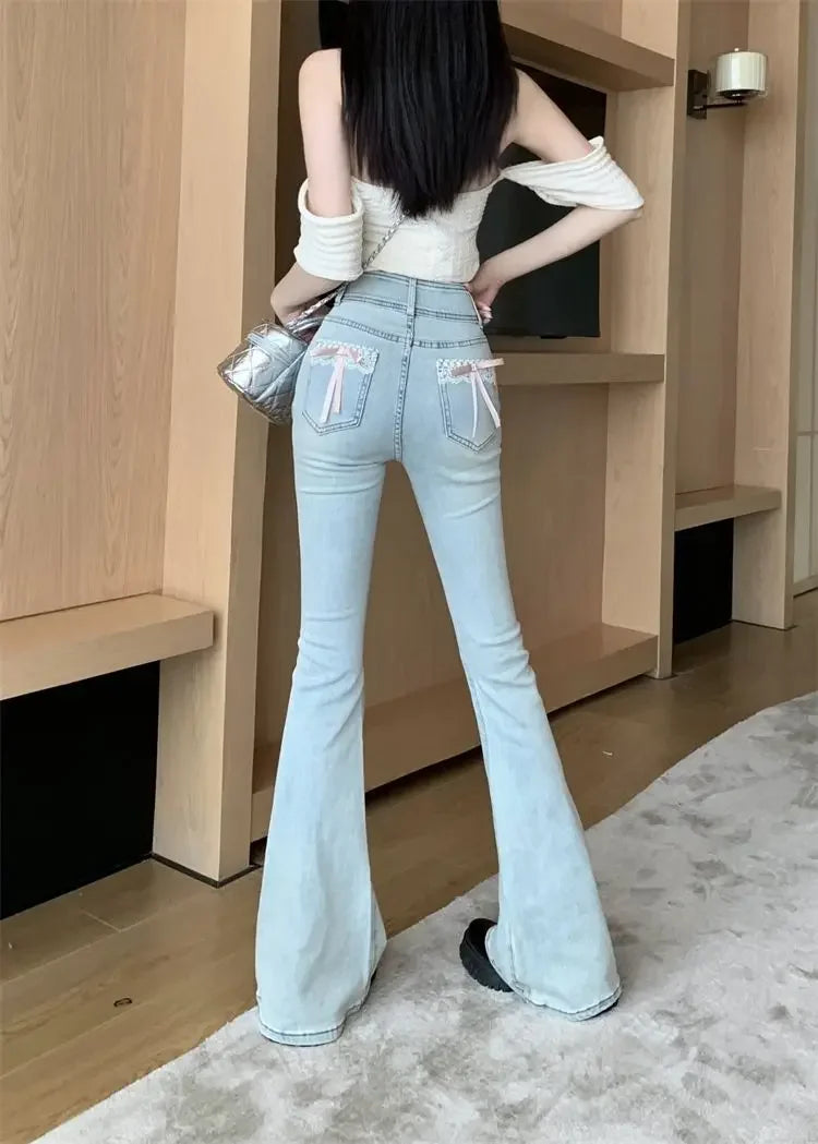 Spring Autumn Spicy Girl Bow Micro Flared Jeans Women's Petite High Waisted Slimming Elastic Horse Leggings Straight Leg Trouser