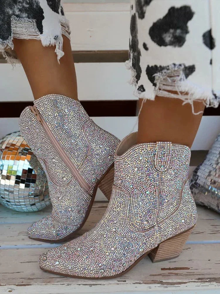 Western Cowboy Boots Fashion Women Ankle Boots Glitter Bling Shiny Trend High Heels High Quality Shoes Botas De Mujer 2024
