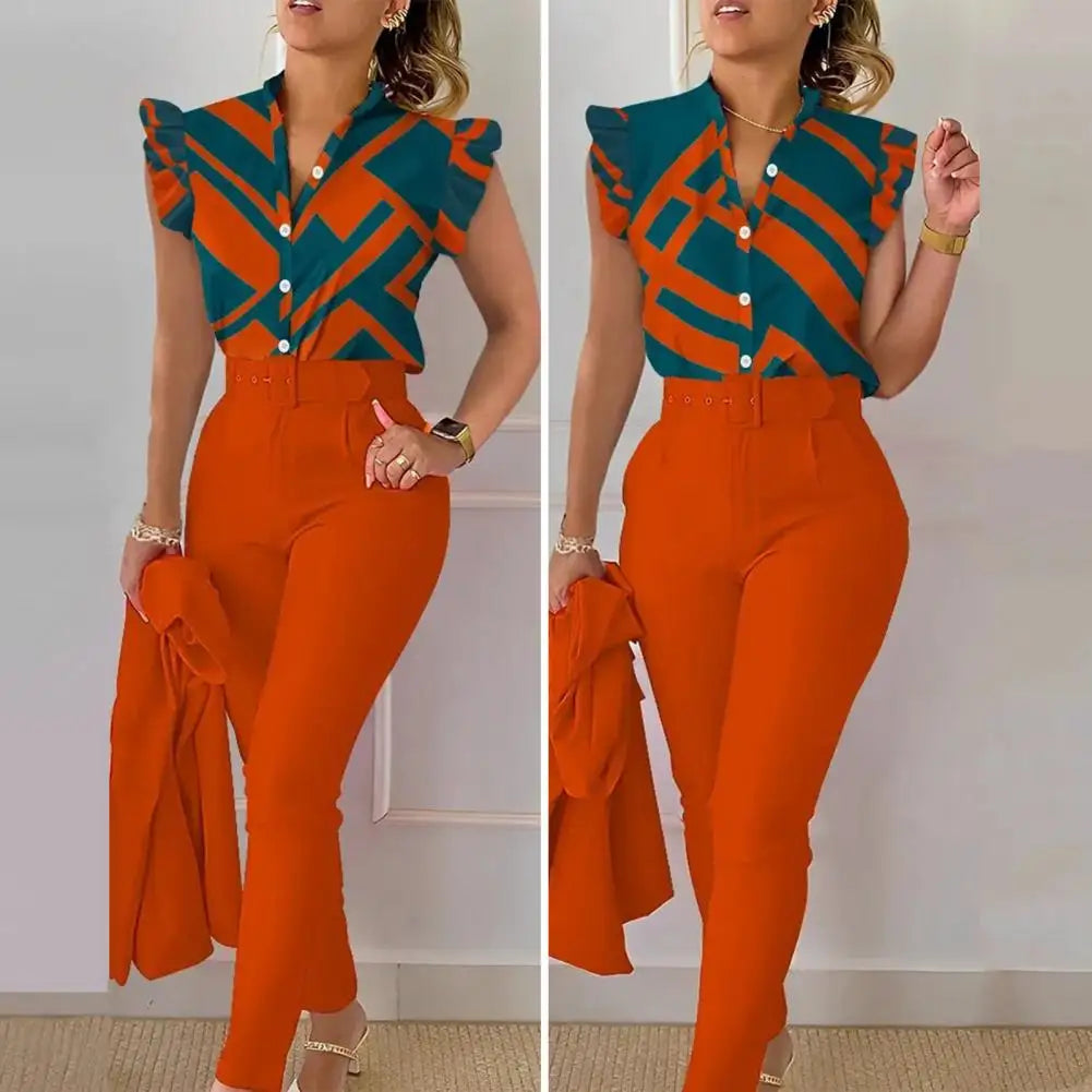 Women Shirt Trousers Set Elegant Women's Office Wear Set with V Neck Top High Waist Pants Belt Chic Color Matching Slim for Work