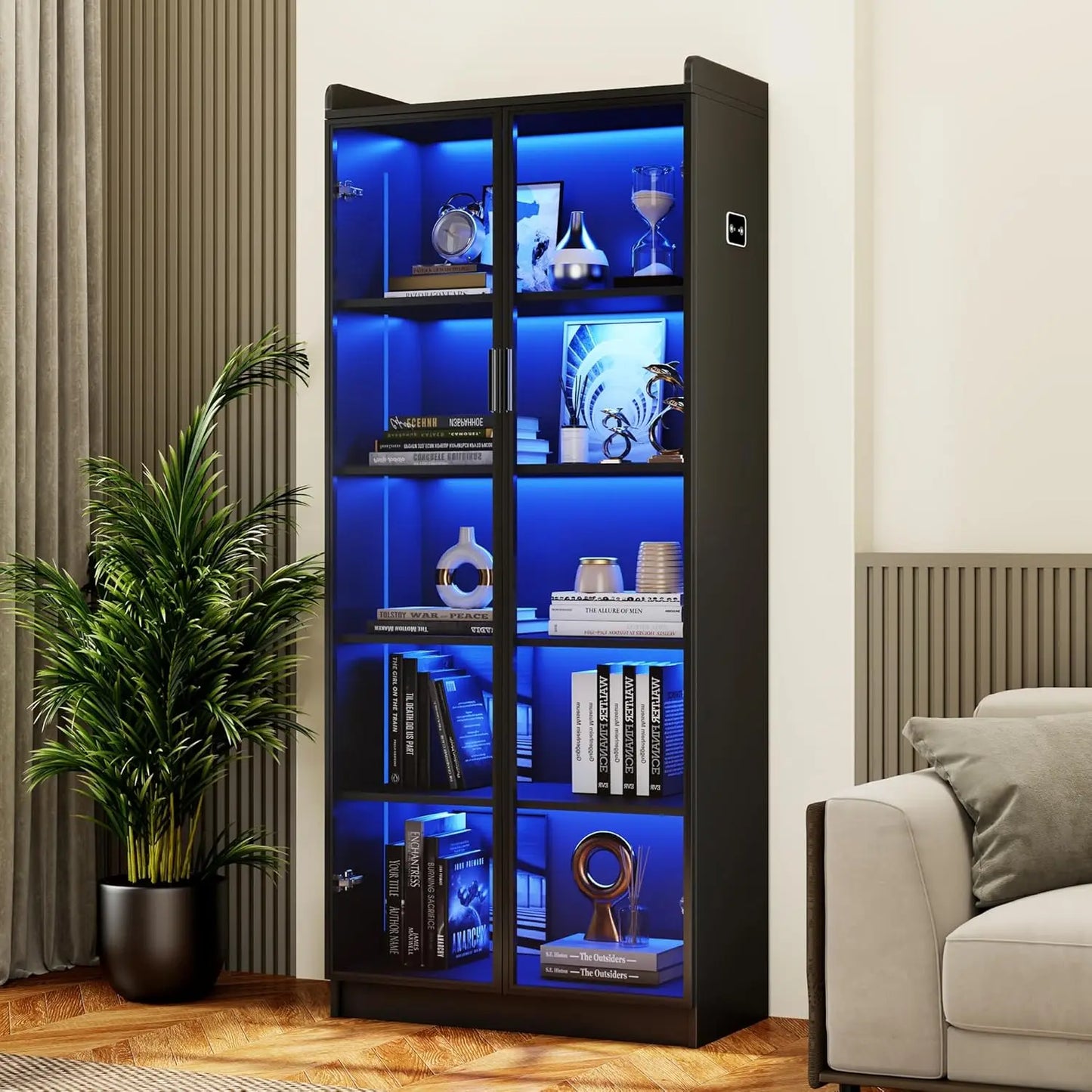 Storage Cabinet with Doors Adjustable Shelves - 65" White Tall Kitchen Pantry Organizer with Metal Handle/LED Lights/Human Senso