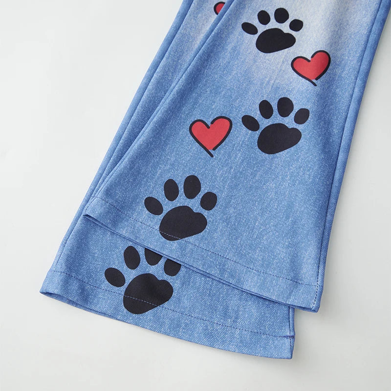 Puloru Stylish Floral Print Blue Flared Pants with Pockets Women's Mid-Rise Casual Slim Fit Bell-Bottoms Long Trousers Plus Size