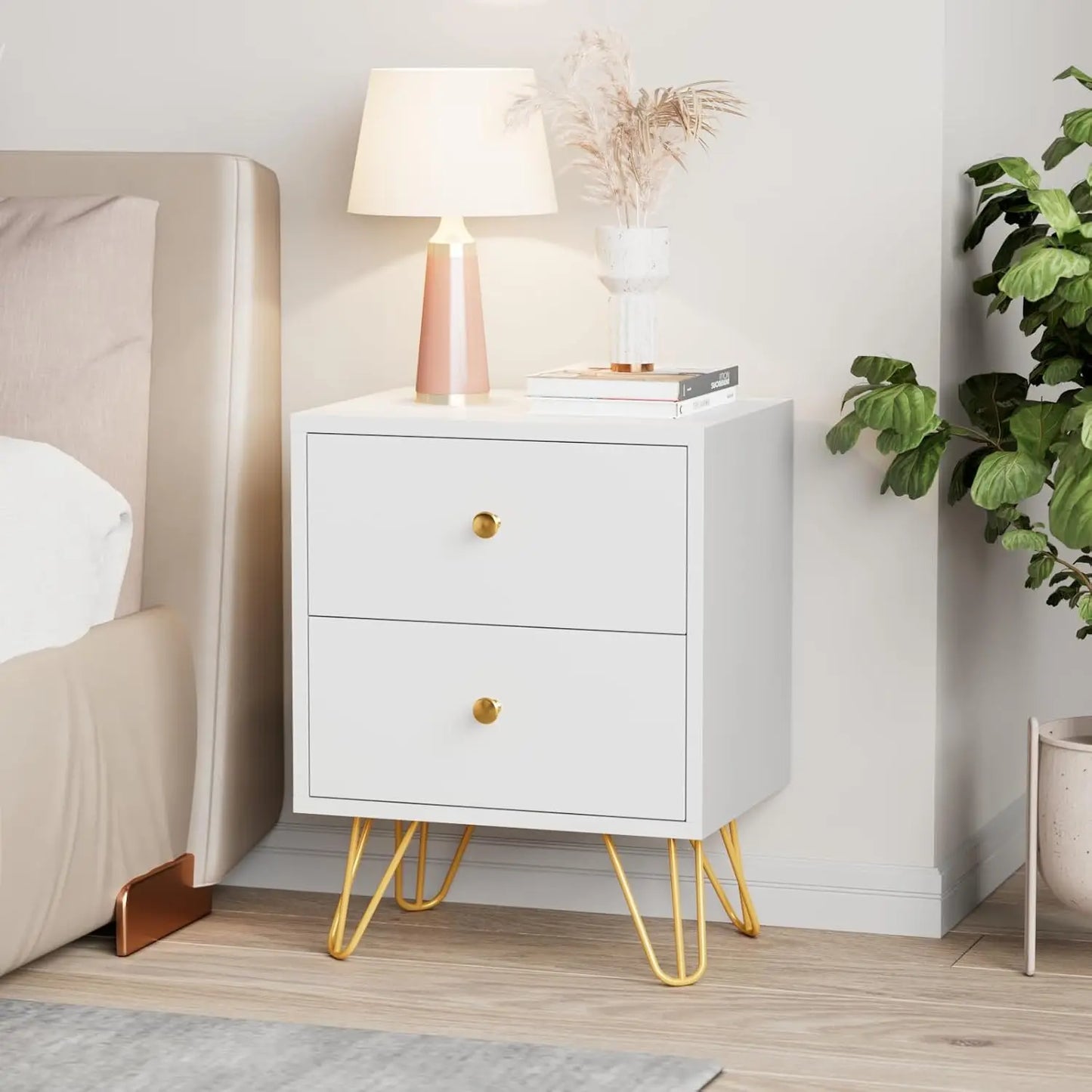 Nightstand Set of 2, End Side Table Double, Bedside Table with 2 Drawers,  Stand Metal Legs and Knobs for Bedroom Living.