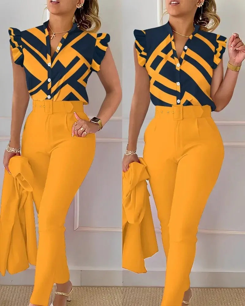 Women Shirt Trousers Set Elegant Women's Office Wear Set with V Neck Top High Waist Pants Belt Chic Color Matching Slim for Work