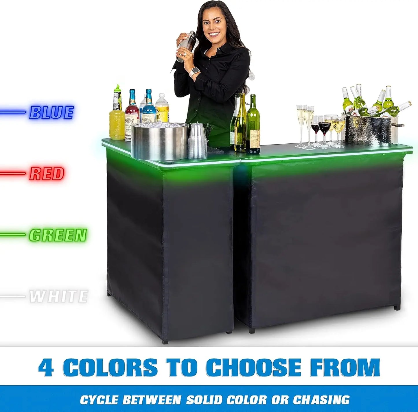Gobar Portable Double Bar Table Set With Multi-Color Led Lights - Mobile Bartender Station For Events - Includes Carrying Case