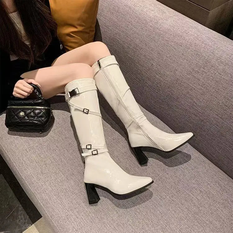 Foreign style high-heeled boots women's 2025 autumn new belt buckle thick heel square head high boots temperament knight boots