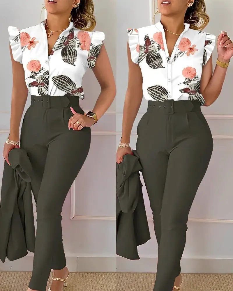 Women Shirt Trousers Set Elegant Women's Office Wear Set with V Neck Top High Waist Pants Belt Chic Color Matching Slim for Work