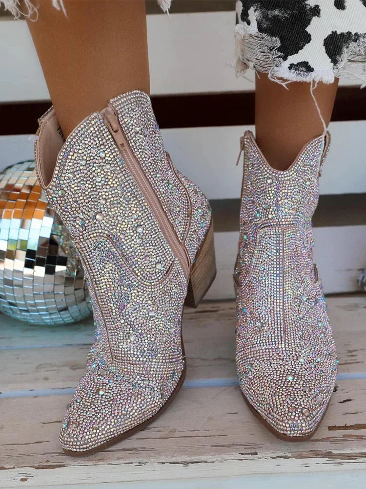 Western Cowboy Boots Fashion Women Ankle Boots Glitter Bling Shiny Trend High Heels High Quality Shoes Botas De Mujer 2024