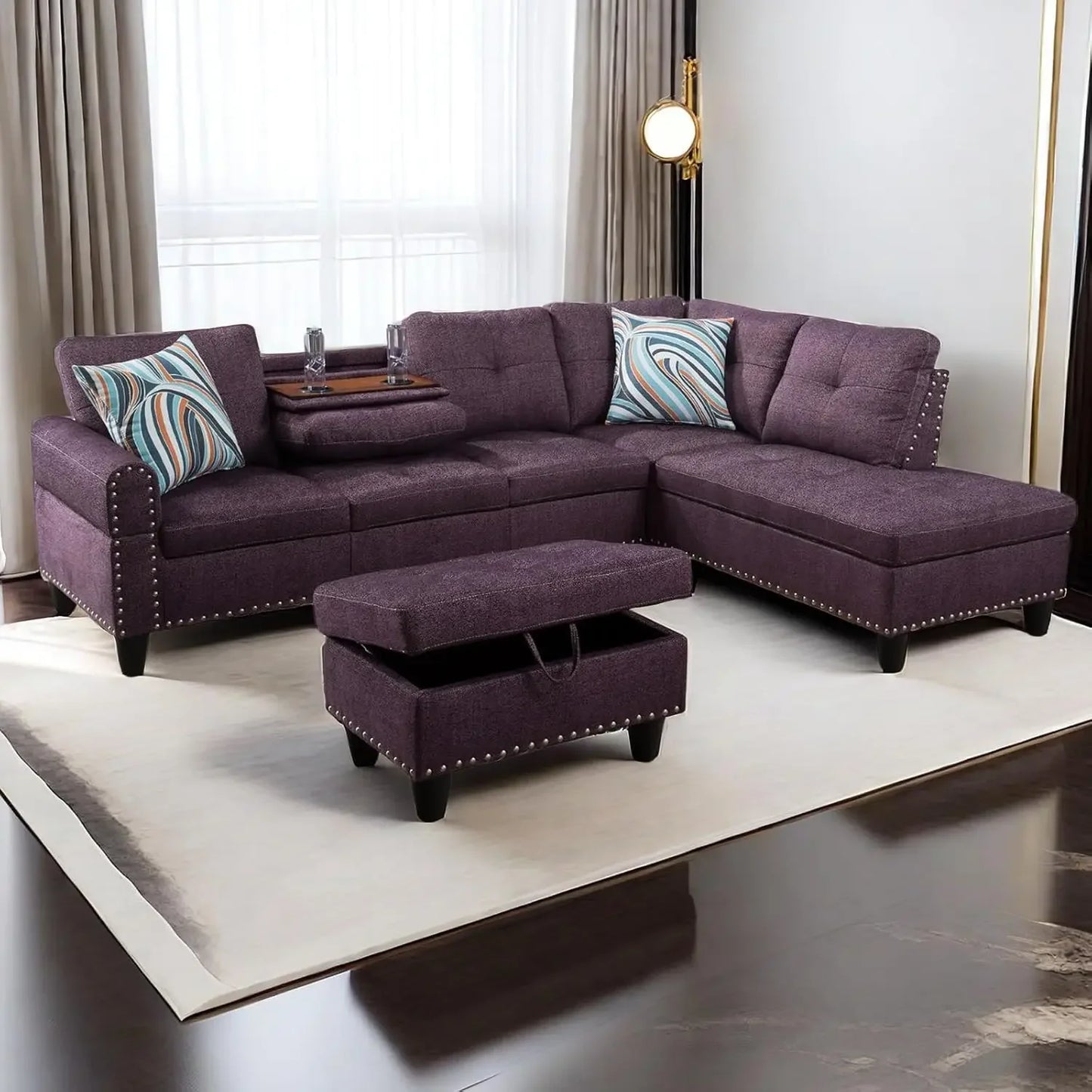 L Shaped Sectional Couch with Storage Ottoman, Modern Nailhead Lounge Sofa with Reversible Cup Holder & Chaise, 97"4 Seat Sofá