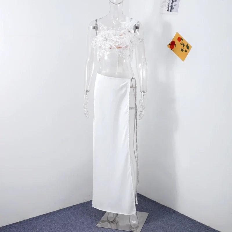 Sexy 3D Flower 2 Pieces Suit Women Slash Neck Sleeveless Lace Up Crop Tank Split Long Skirt Female Set 2025 Spring Lady Suits