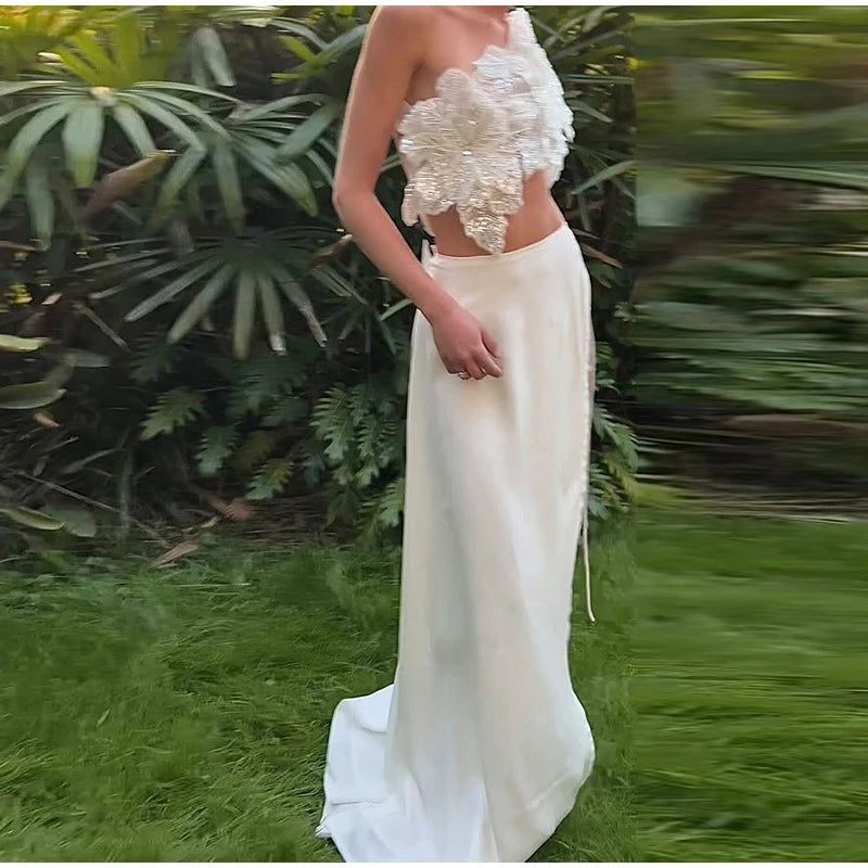 Sexy 3D Flower 2 Pieces Suit Women Slash Neck Sleeveless Lace Up Crop Tank Split Long Skirt Female Set 2025 Spring Lady Suits