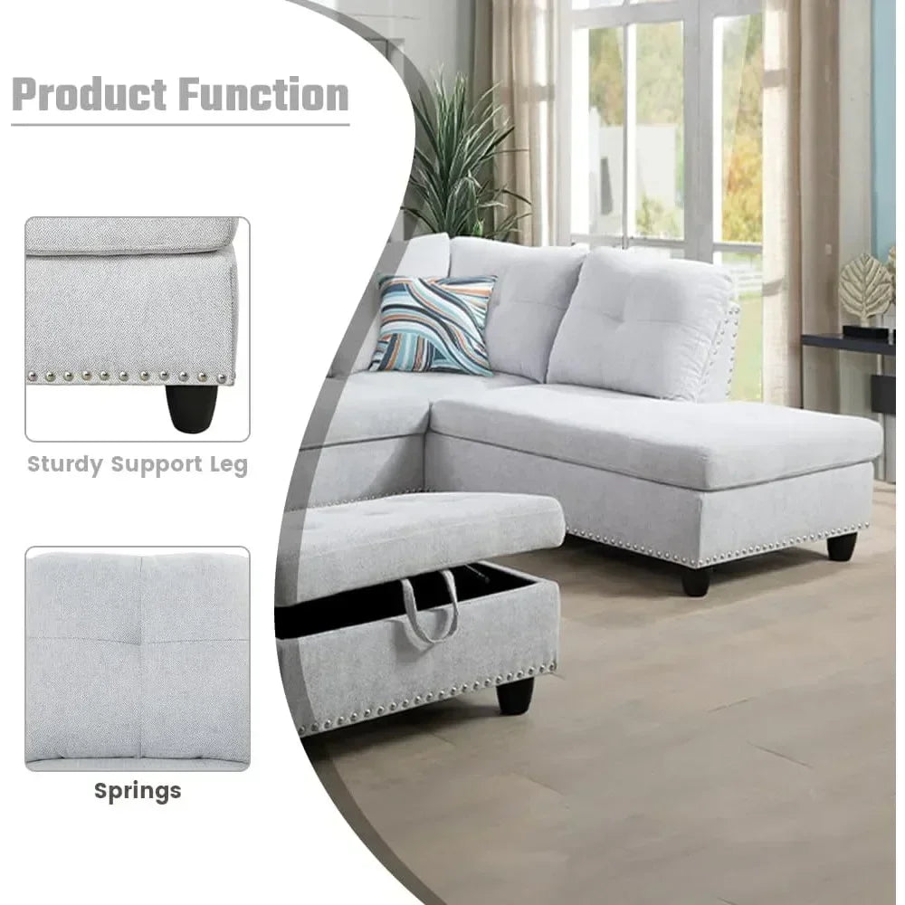 L Shaped Sectional Couch with Storage Ottoman, Modern Nailhead Lounge Sofa with Reversible Cup Holder & Chaise, 97"4 Seat Sofá