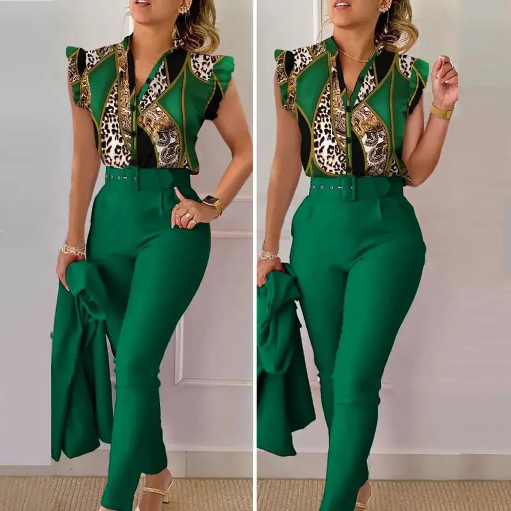 Women Shirt Trousers Set Elegant Women's Office Wear Set with V Neck Top High Waist Pants Belt Chic Color Matching Slim for Work