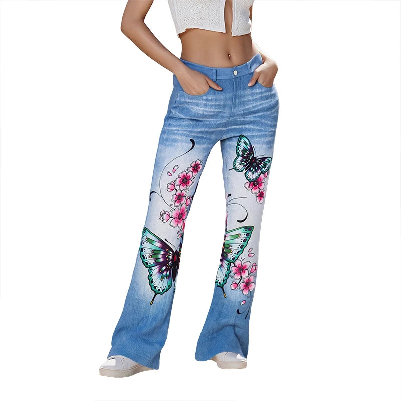 Puloru Stylish Floral Print Blue Flared Pants with Pockets Women's Mid-Rise Casual Slim Fit Bell-Bottoms Long Trousers Plus Size