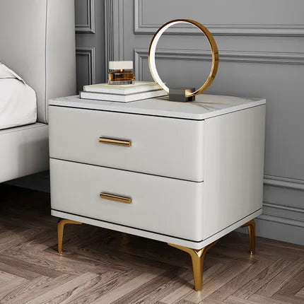Modern Style Solid Wood Bedside Table with 2 Drawers Leather Bedroom Nightstands with Sintered Stone Top Mini Storage Cabinet