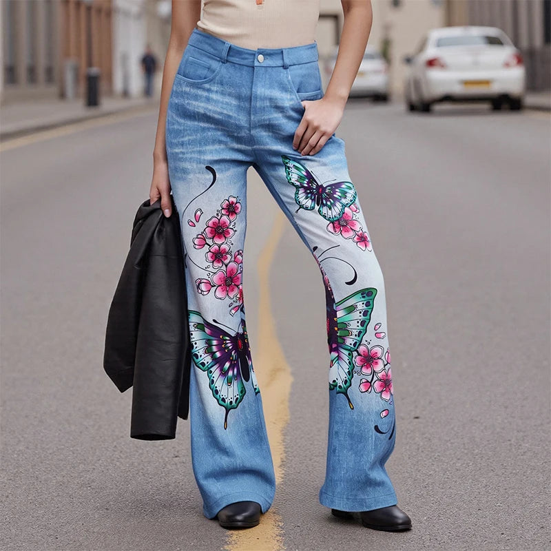 Puloru Stylish Floral Print Blue Flared Pants with Pockets Women's Mid-Rise Casual Slim Fit Bell-Bottoms Long Trousers Plus Size