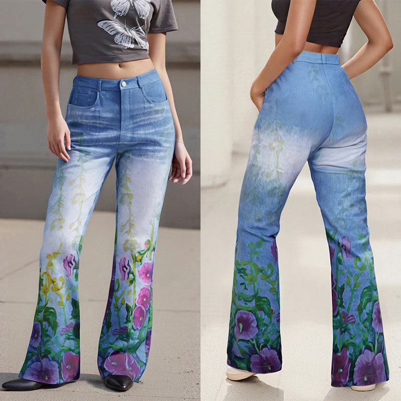 Puloru Stylish Floral Print Blue Flared Pants with Pockets Women's Mid-Rise Casual Slim Fit Bell-Bottoms Long Trousers Plus Size