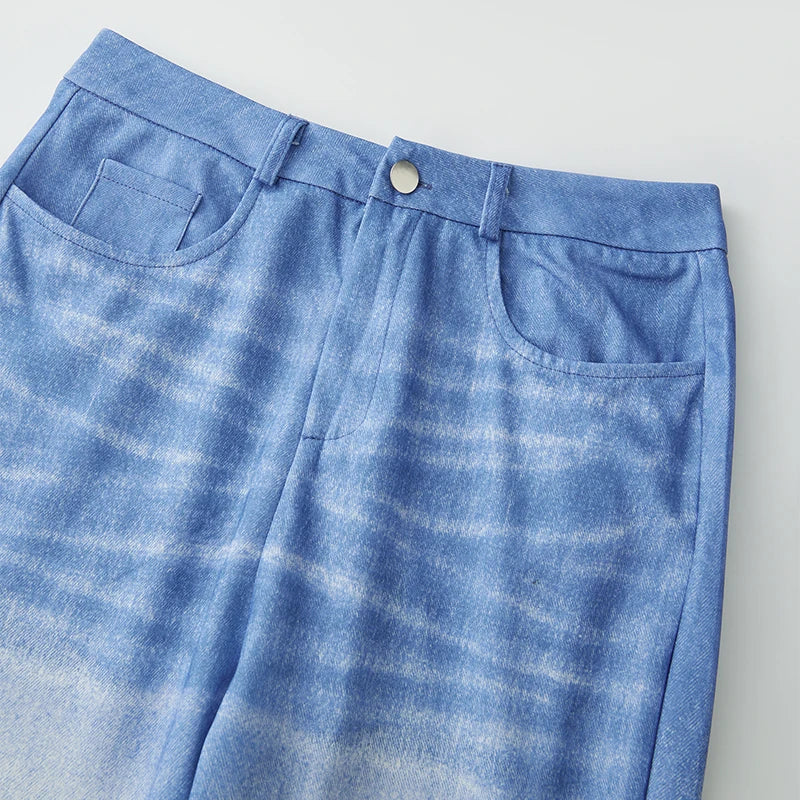 Puloru Stylish Floral Print Blue Flared Pants with Pockets Women's Mid-Rise Casual Slim Fit Bell-Bottoms Long Trousers Plus Size