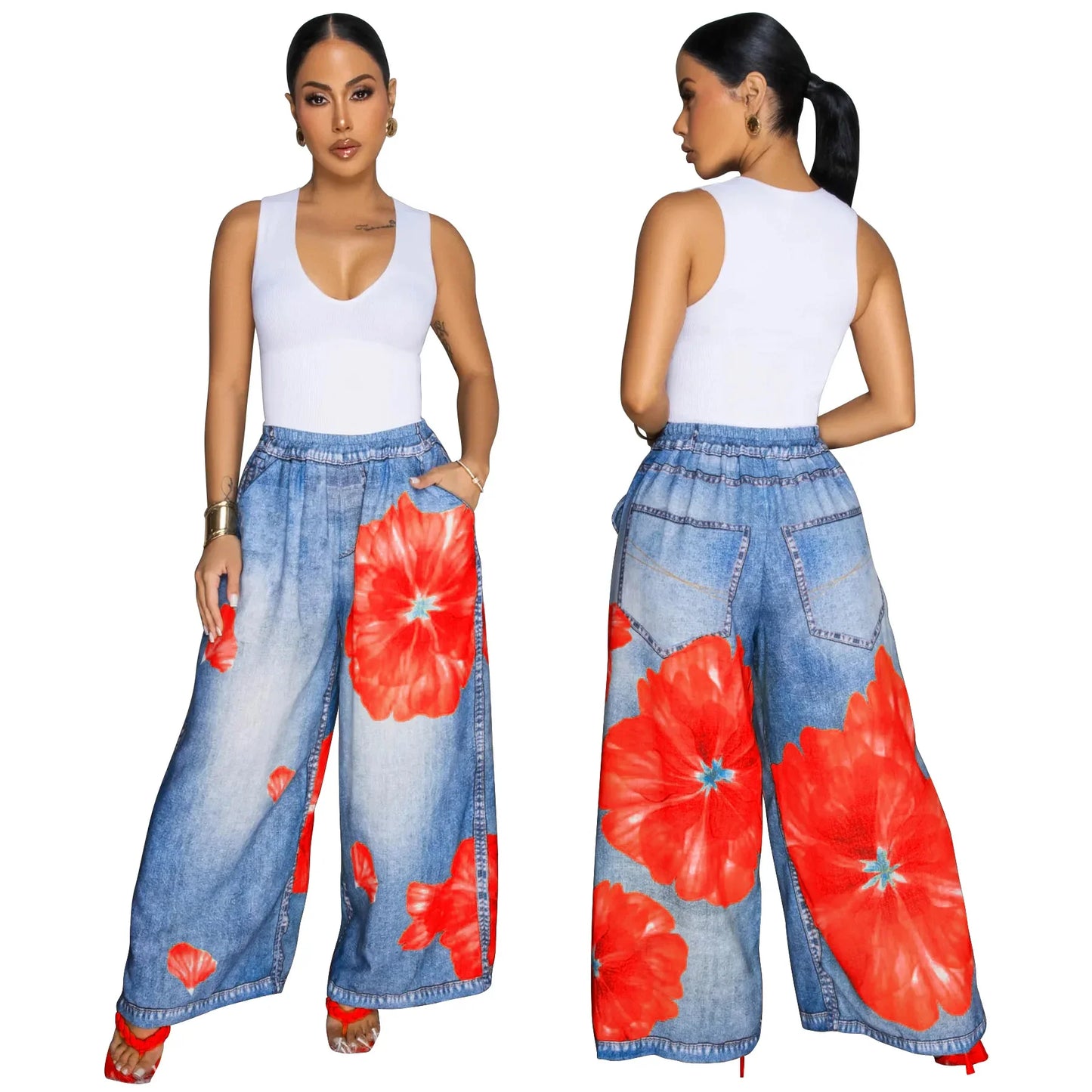 Casual Printed Wide Leg Pants Women's Loose Fit Trousers Comfortable Fashionable Female Clothing Long Pants from Mainland China
