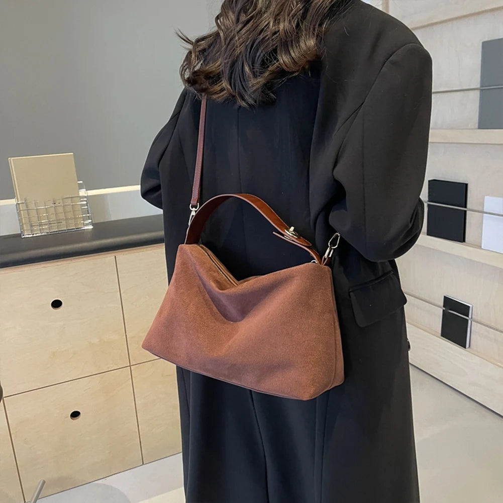Fashion Autumn Winter Big Boston Tote Soft Matte Suede Cow Leather Women's Handbag Shoulder Crossbody Bag For Women Grey Brown