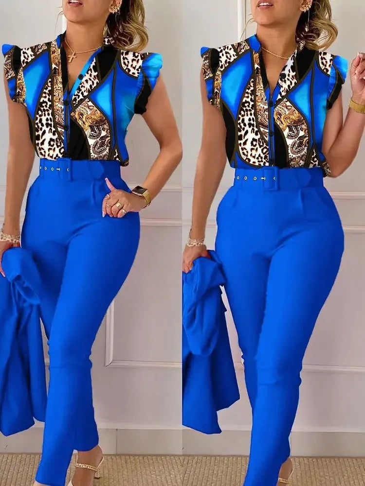 Women Shirt Trousers Set Elegant Women's Office Wear Set with V Neck Top High Waist Pants Belt Chic Color Matching Slim for Work