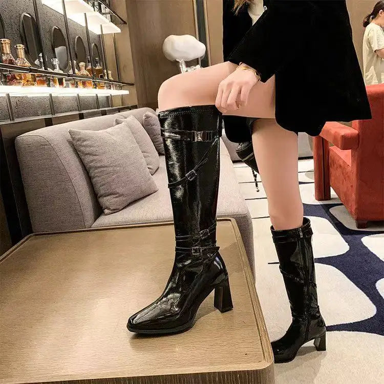 Foreign style high-heeled boots women's 2025 autumn new belt buckle thick heel square head high boots temperament knight boots