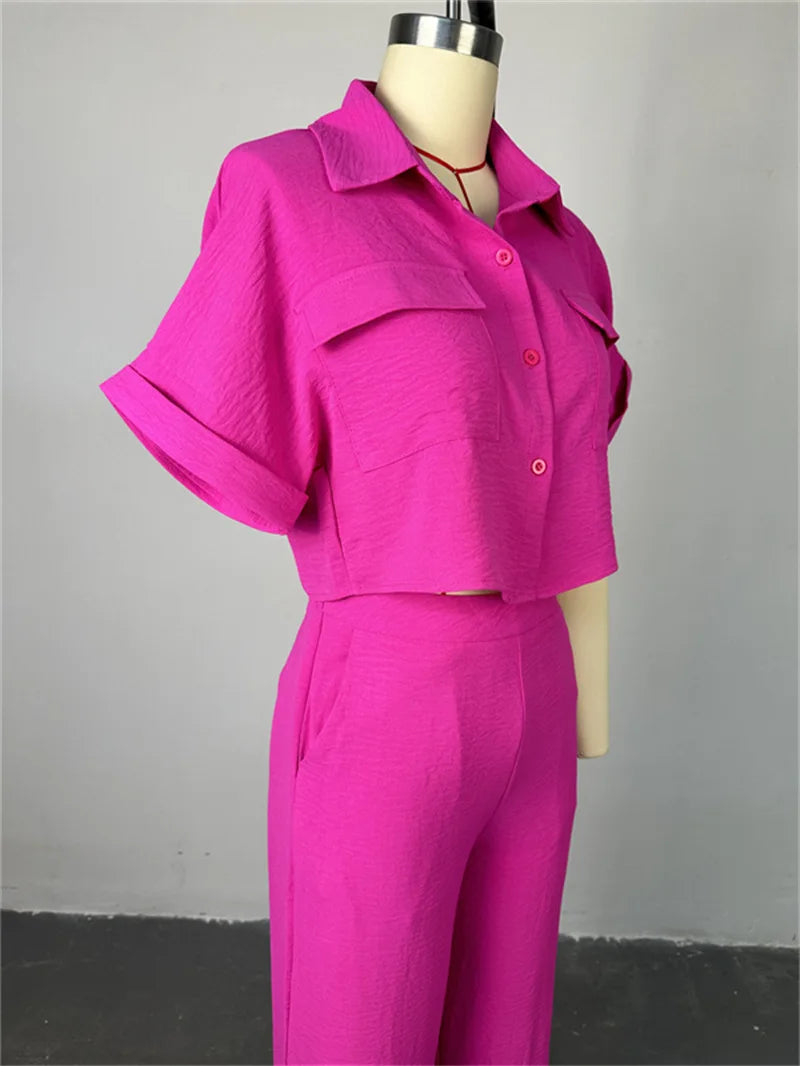 Women's Two-piece Set Spring Summer New Style Lapel Short-sleeved Shirt High Waist Wide Leg Trousers Casual Suit Women Clothing
