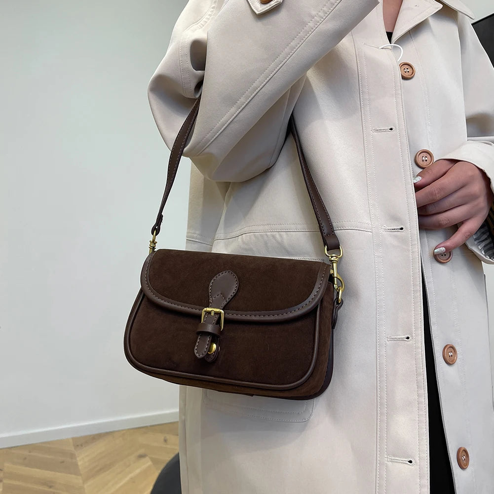Korean Fashion New Small Square Bag Shoulder Bags Brown Niche Retro Suede Surface Leisure Versatile Trend Lady Crossbody Bags