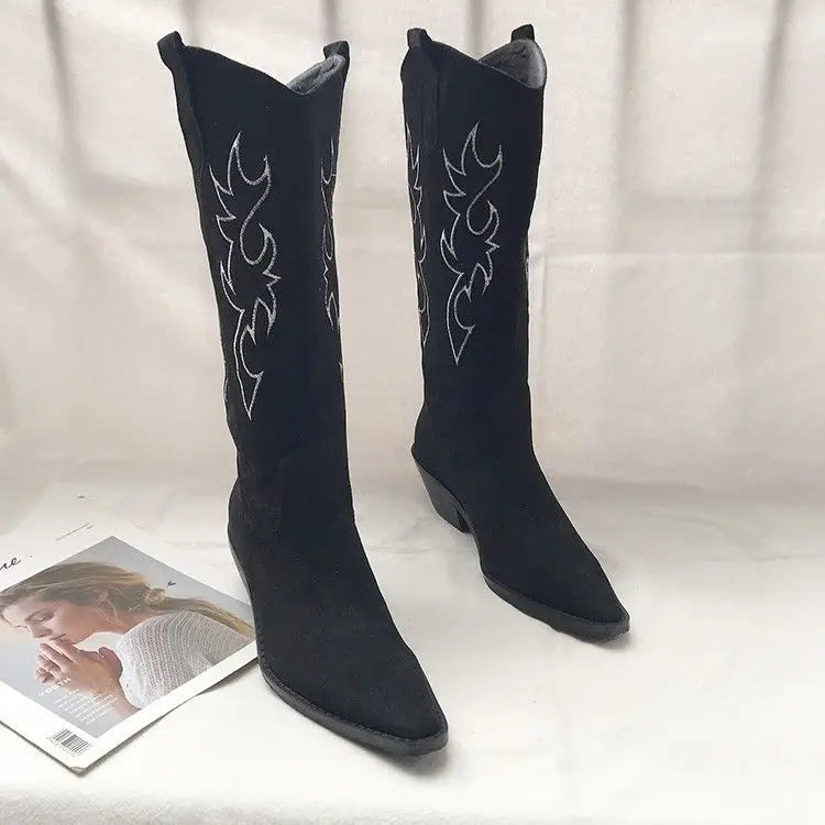 Shoes for Woman Western Cowgirl Cowboy Fur Footwear Long Denim Women's Boots Punk Winter Knee High Shaft White Hot Gothic Boot