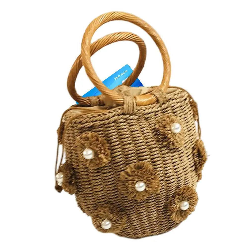 Flower Rattan Bag Woven Tote Bag With Flower Pearl Straw Beach Bag In Bucket Shape For Parties Shopping Travel Camping Hiking