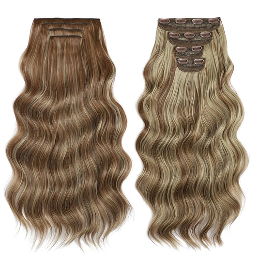 4PCS Clip in Hair Extensions Synthetic 22Inch Long Spiral Wavy Curl Natural Thick Hairpieces for Women Light Brown