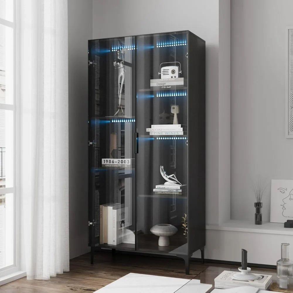 Glass Display Cabinet with Led Lights, Display Cabinet with Glass Doors with Shelves of Different Heights, Glass Curio Cabinet