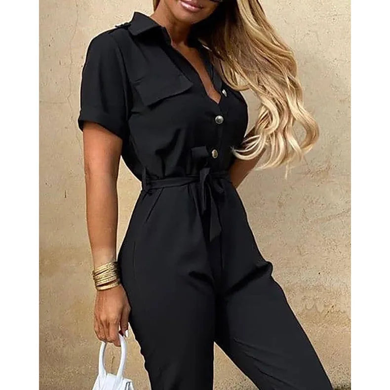 Women's Monochromatic Belt Workwear Jumpsuit, Casual Pants, Flip Collar, Buckle, European and American, Summer, 2024