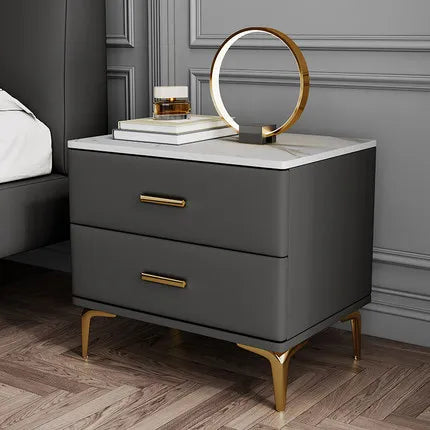 Modern Style Solid Wood Bedside Table with 2 Drawers Leather Bedroom Nightstands with Sintered Stone Top Mini Storage Cabinet