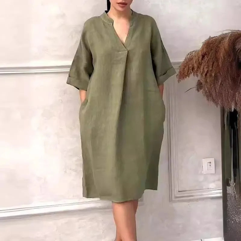 Fashion Cotton And Linen Women's V-neck Loose Dress 2025 Spring And Summer Solid Color Casual Short Sleeved Pocket Midi Dresses