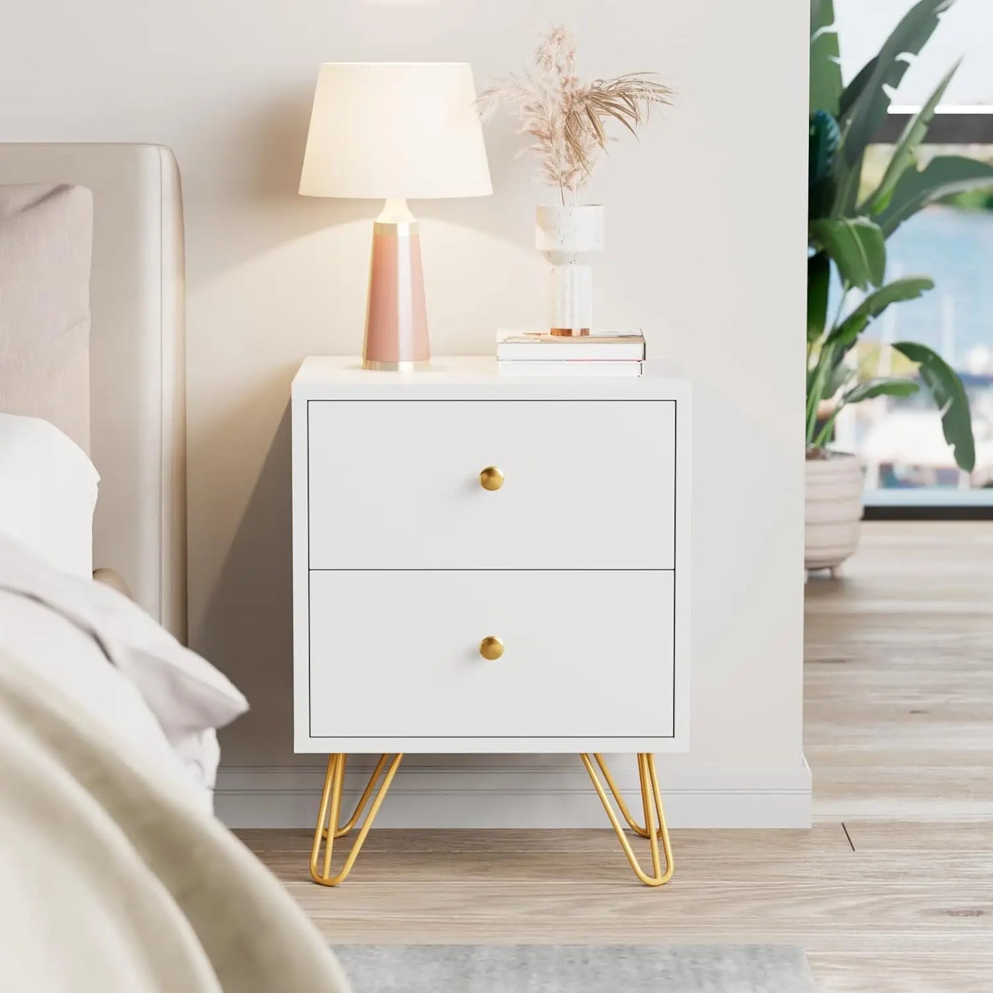 Nightstand Set of 2, End Side Table Double, Bedside Table with 2 Drawers,  Stand Metal Legs and Knobs for Bedroom Living.