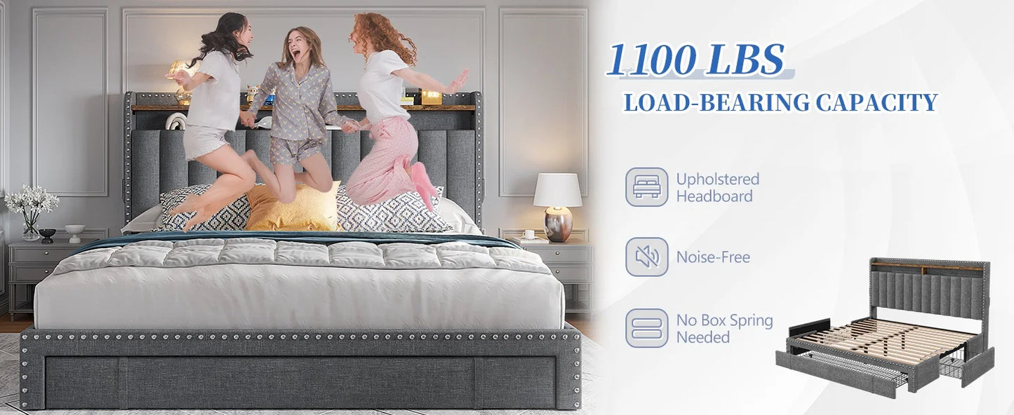 Queen Bed Frame with 3 Drawers Upholstered Bed Frame  Size with Headboard,Size  Frame,  Frame with